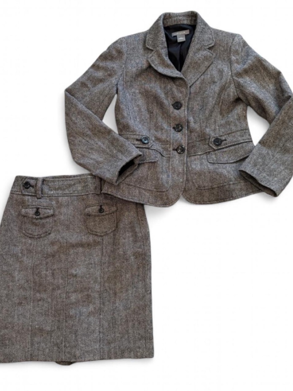 Ann Taylor Wool Blend Blazer Skirt Suit Set Gray Herringbone Size 6, 0